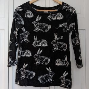 Anthropologie Postage Stamp Bunnies Top, Black, Size S
